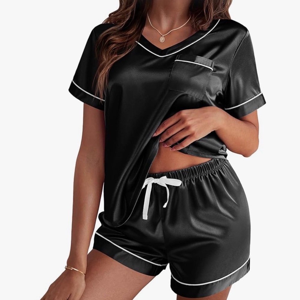 Women's Black Satin Sleepwear Set